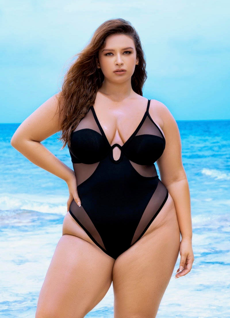 Black Mesh One Piece Swimsuit image 1